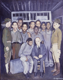 Painting titled Attorney Samuel Leibowitz and the Scottsboro Boys in Jail