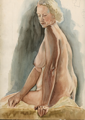 Watercolor painting of a seated female nude