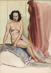 Watercolor painting of a seated female nude with a red curtain behind her