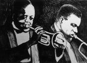 Lithograph of King Oliver and Satchmo
