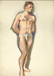 Watercolor painting of a standing male nude
