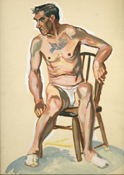 Watercolor painting of a seated male nude with a tattoo