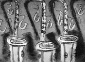 Etching of three saxophones