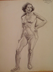 Student charcoal drawing of a standing female nude